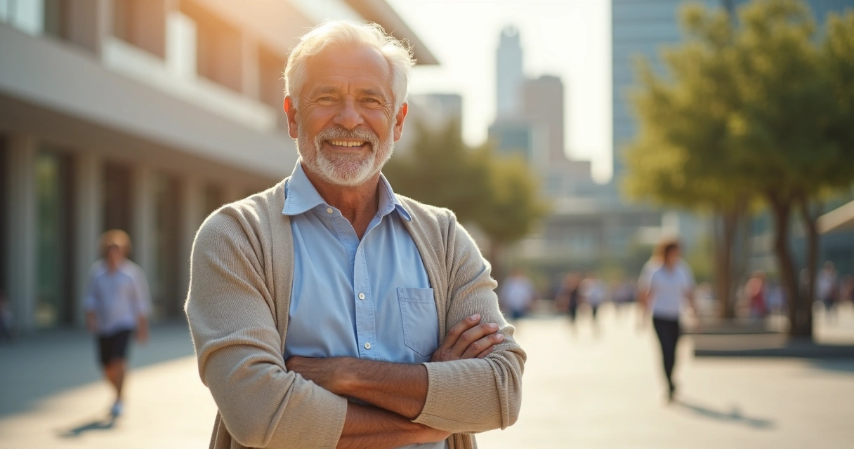 Senhor exibindo sorriso completo com prótese fixa sobre implantes em ambiente urbano ensolarado 