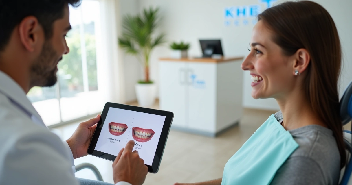 Dentista mostra em tablet comparação entre lente de contato dental e faceta em paciente sorrindo 
