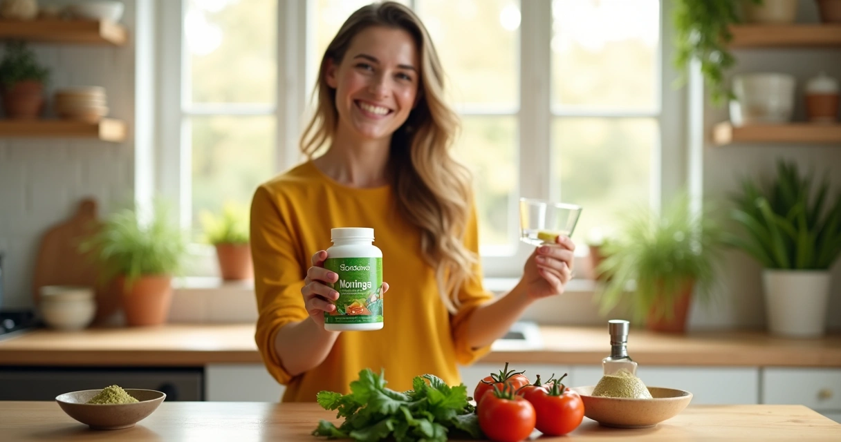 Mulher sorrindo, segurando cápsulas de moringa na cozinha