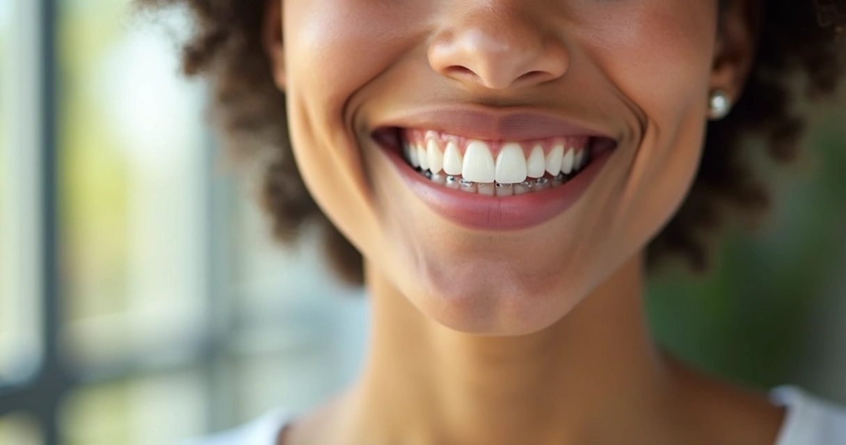 Mulher sorrindo naturalmente usando alinhador invisível