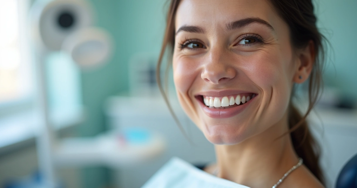 Prótese fixa de porcelana sobre implante mostrando sorriso natural de mulher 