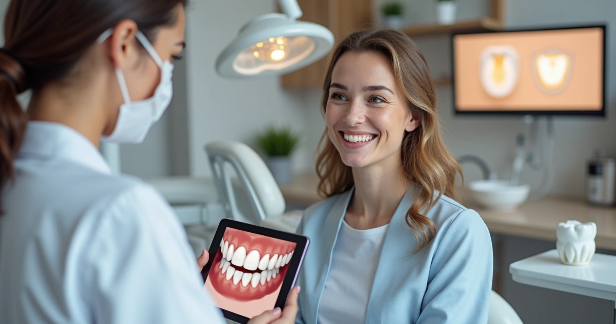 Dentista mostra resultado de tratamento de odontologia estética para paciente sorridente em consultório moderno 