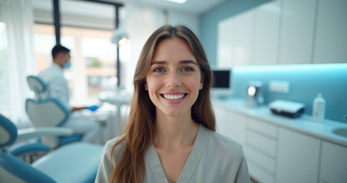 Paciente sorrindo em um consultório odontológico moderno 
