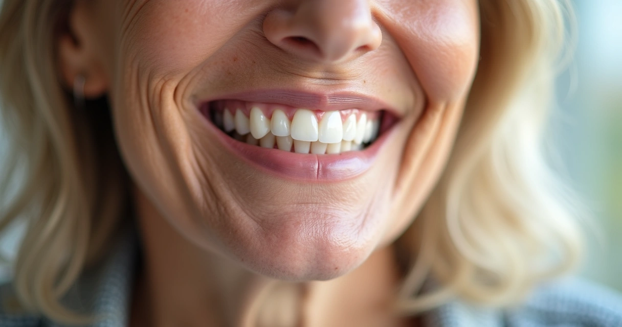 Mulher sorrindo mostrando dentes com prótese flexível, gengiva natural aparente