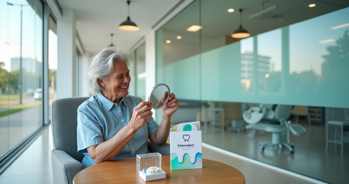 Paciente conferindo adaptação da prótese flexível no consultório odontológico 