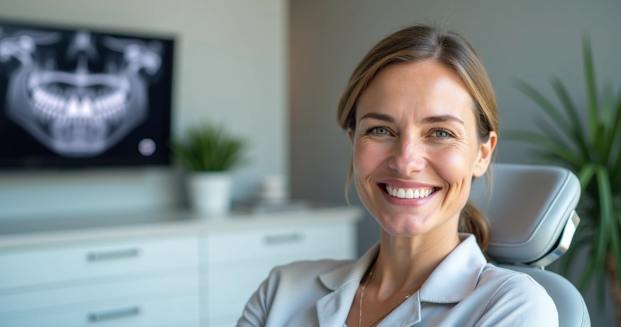 Paciente madura sorrindo com dentes fixos tipo protocolo em ambiente de clínica moderna 