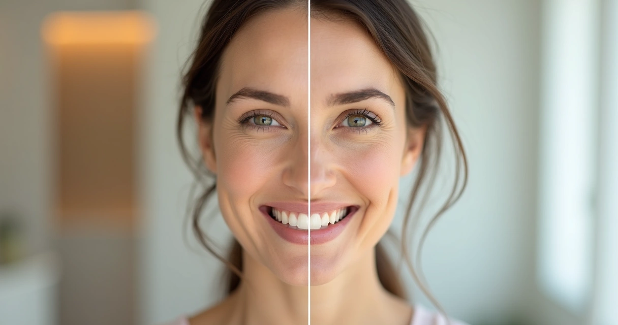 Rosto feminino dividido mostrando diferentes suportes faciais no sorriso 