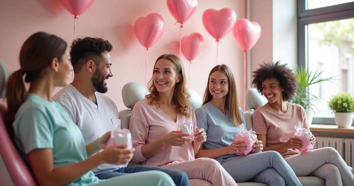 Clientes satisfeitos sorrindo em clínica odontológica decorada 