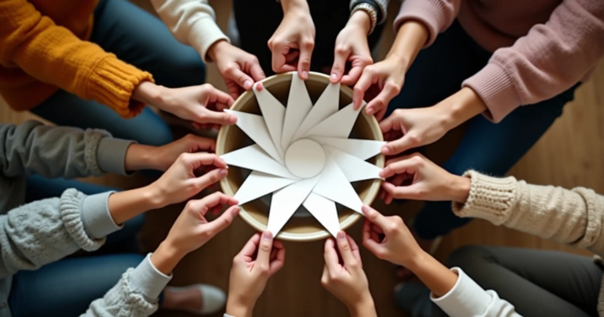 Roda de pessoas fazendo sorteio de papel para brincar de amigo secreto 