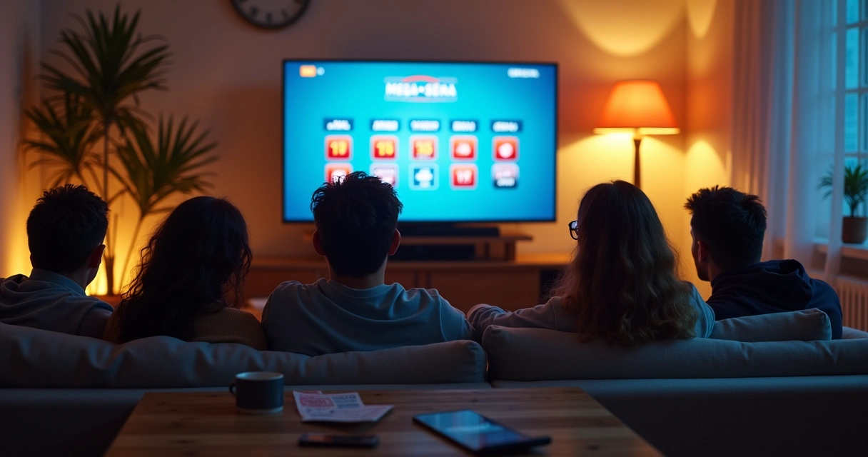 Pessoas em casa assistindo sorteio da Mega-Sena na televisão 