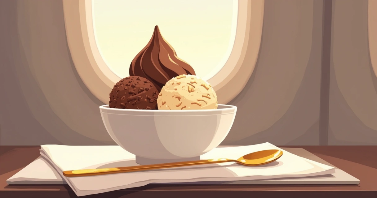 Taça com sorvete artesanal de chocolate e baunilha servido em bandeja de avião 