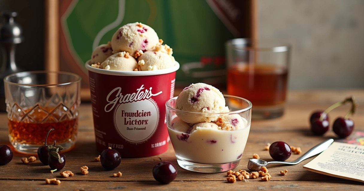 Pote de sorvete bourbon cherry com tema Kentucky Derby em mesa de madeira 
