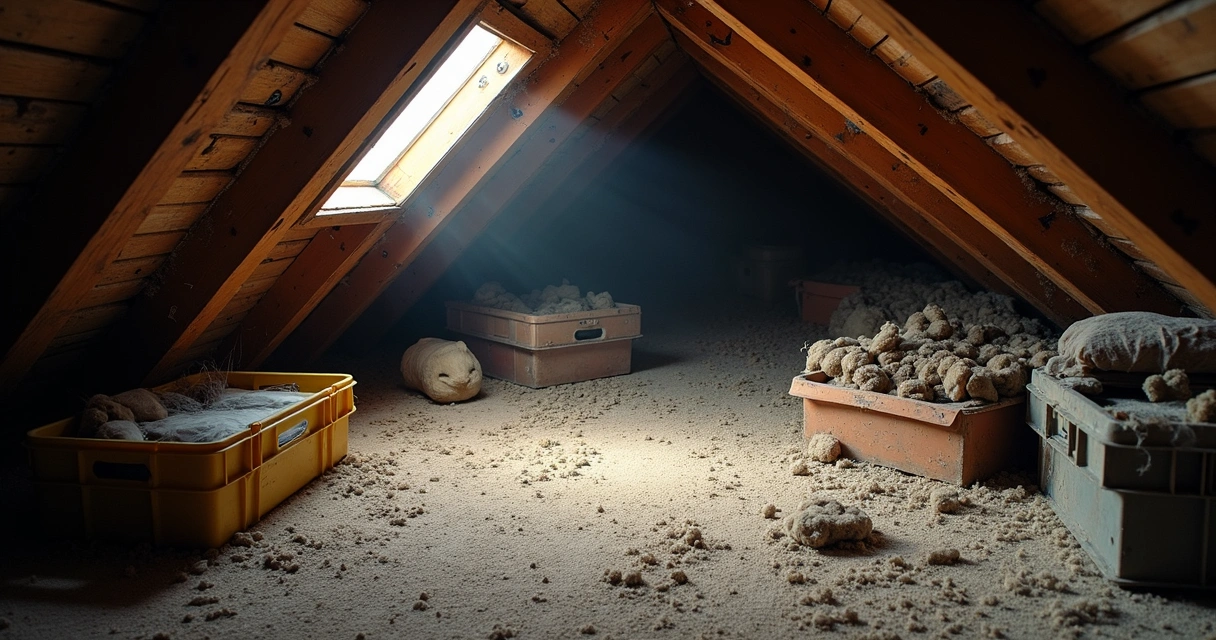 Sótão antigo com caixas amontoadas e entrada de luz 