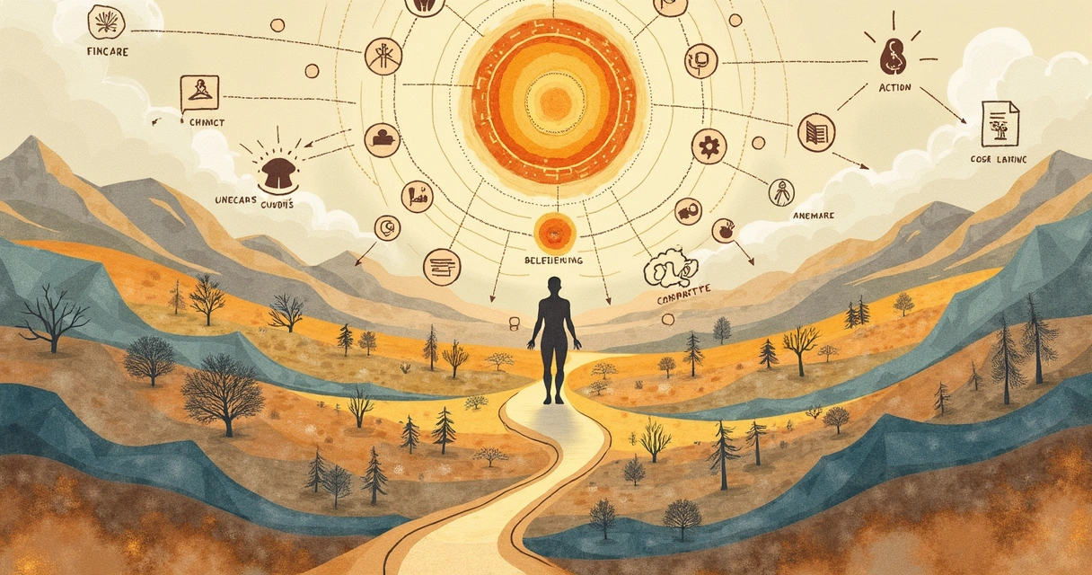 Hand-drawn map with interconnected paths, symbols, and human silhouettes representing a journey through consciousness and self-discovery.