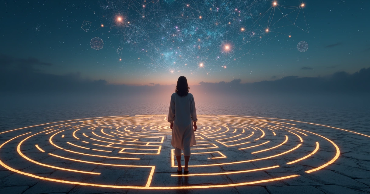 Person standing on a glowing labyrinth floor under a starry sky chart 