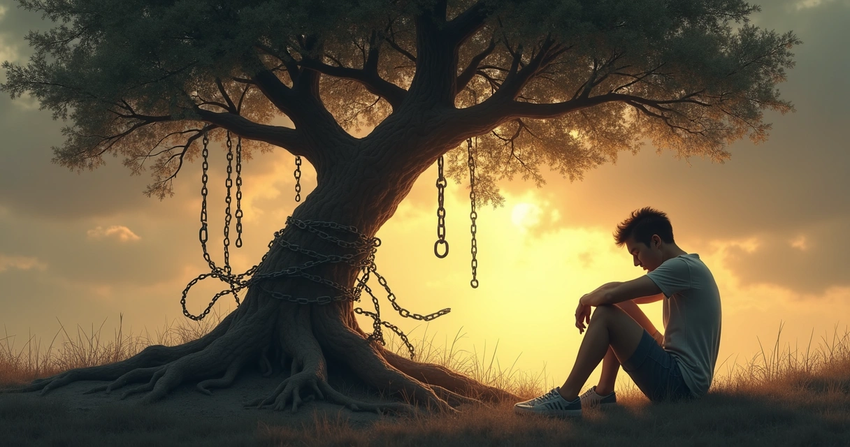 Tree with roots entangled in chains; a shadow figure sits under the tree, surrounded by soft light 