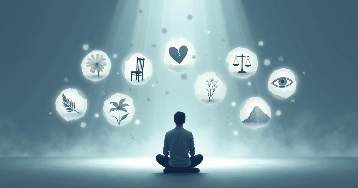 Illustration representing a person surrounded by nine symbolic shapes each illustrating a pain point 