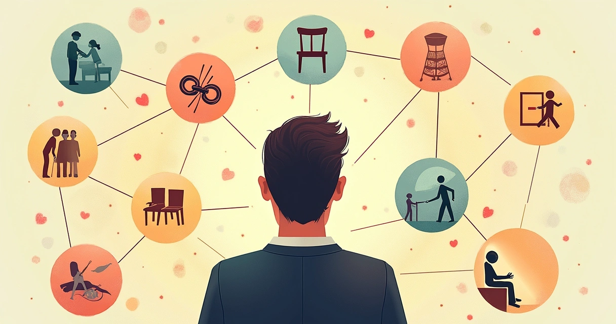 Diagram showing nine emotional pains surrounding a human silhouette 