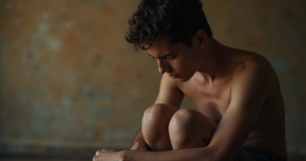 Abstract representation of a person with visible emotional scars, muted earth tones, subtle light coming through, contemplative mood. 