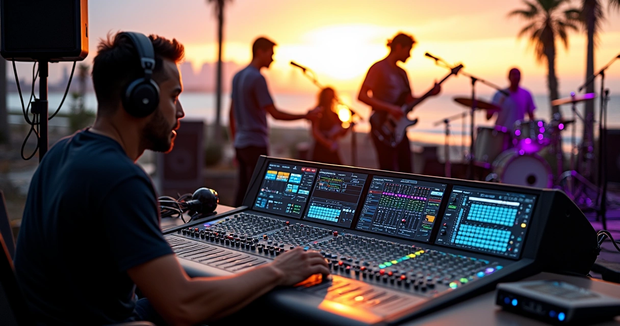 Técnico de som ajustando mesa de áudio em soundcheck de show em Salvador 