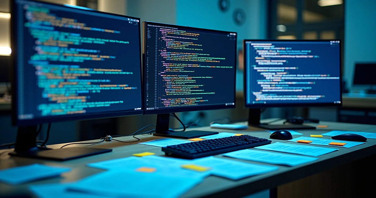 Workstation with multiple monitors displaying lines of source code and forensic analysis diagrams 