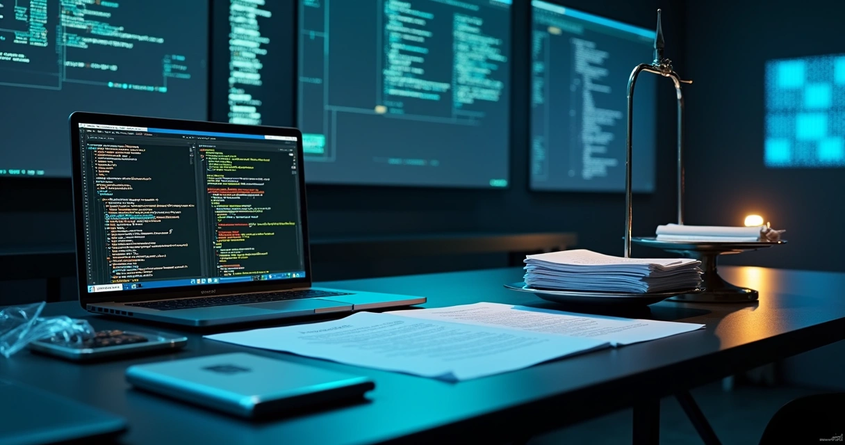 Forensic lab table with laptop, printed code and legal scales under dramatic lighting 