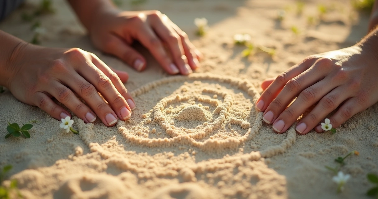 Hands drawing the Sowilo rune in sand during a healing ritual 