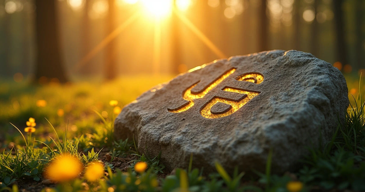 A glowing Sowilo rune carved into ancient stone illuminated by golden sunlight 
