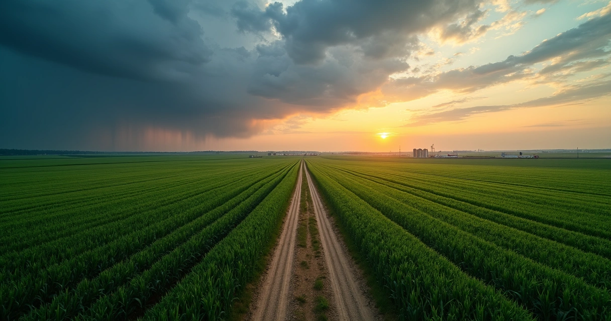 Soybean and corn field at dusk with storm clouds and subtle financial charts in the sky 