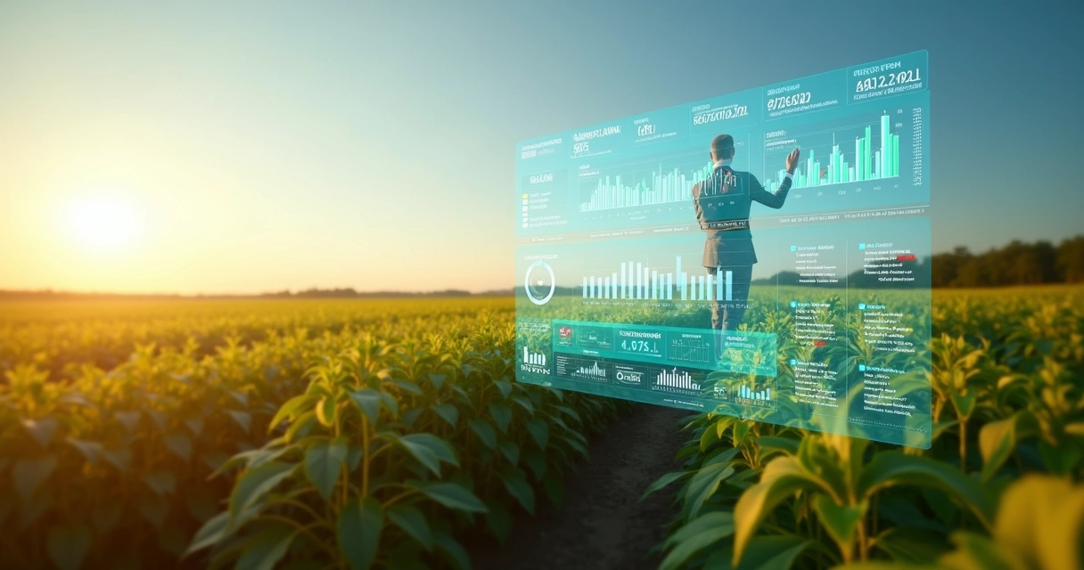 Soybean field with financial charts and digital hedging dashboard overlay 