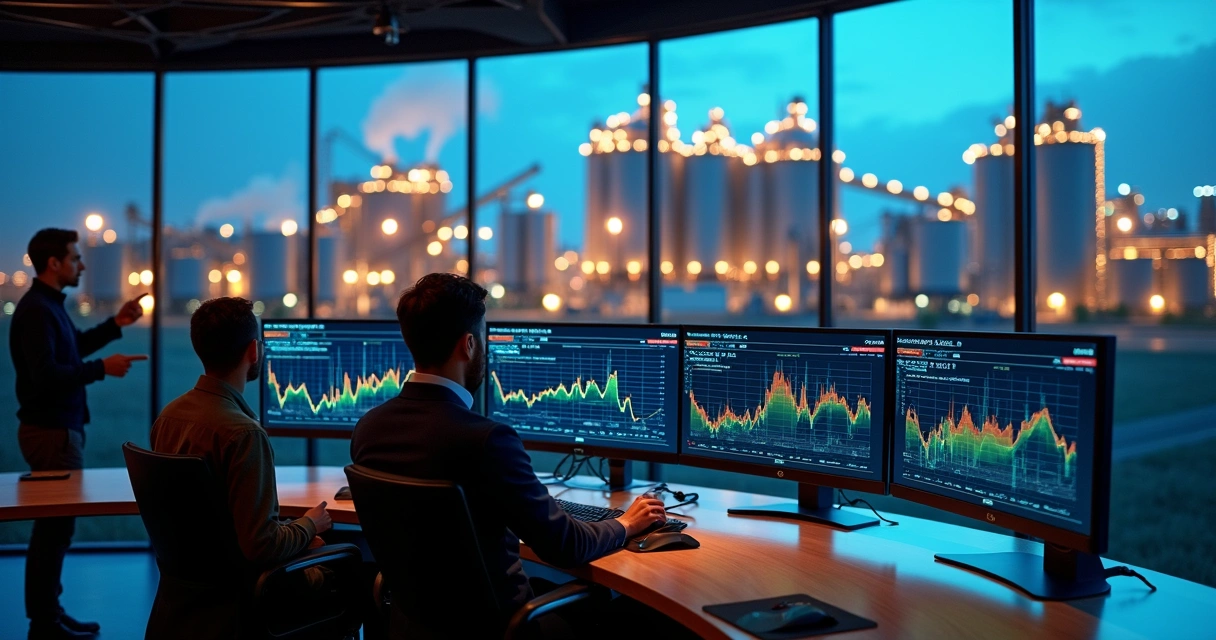 Modern grain processing control room with soy crush spread charts on main screen 