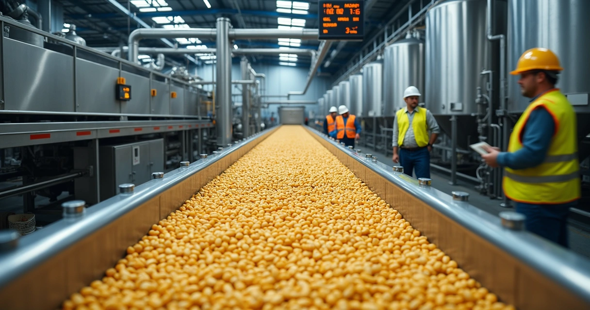 Soybean crushing plant processing soybeans, with oil and meal production lines