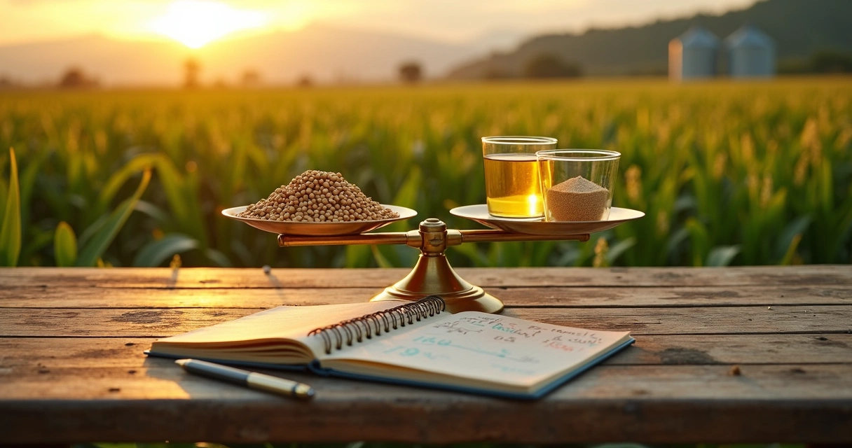 Balancing scales with soybeans, soybean meal and oil representing crush spread risk 