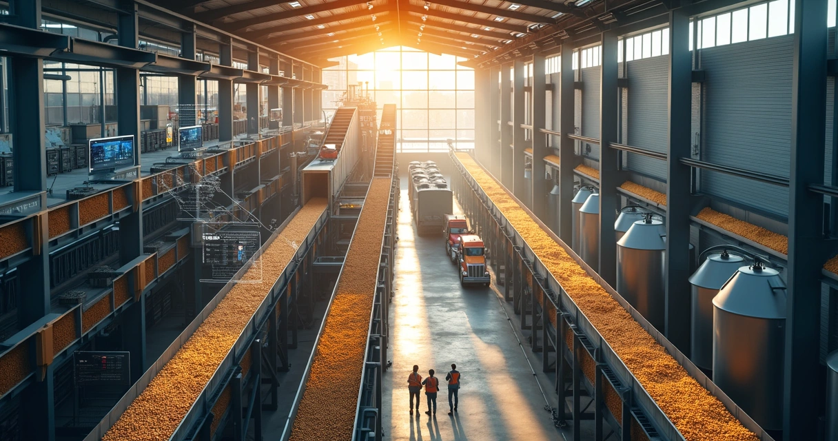 Crushing plant interior showing machinery and flowing streams of soybeans, oil, and meal products 