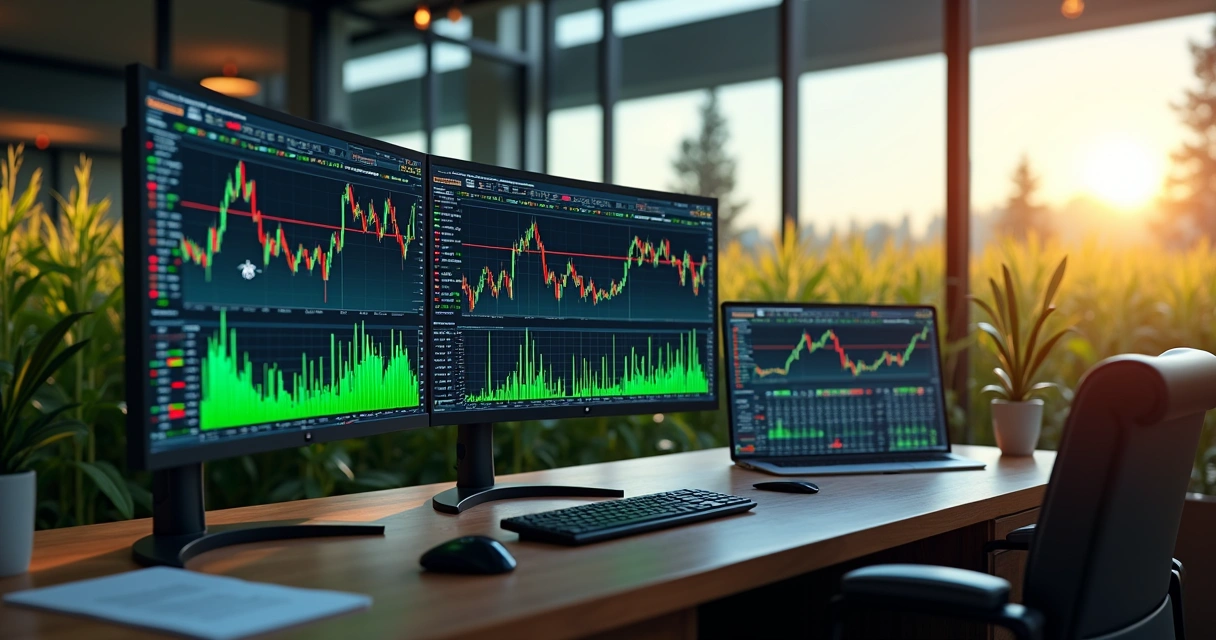 Soybean futures trading desk with data screens and financial charts 