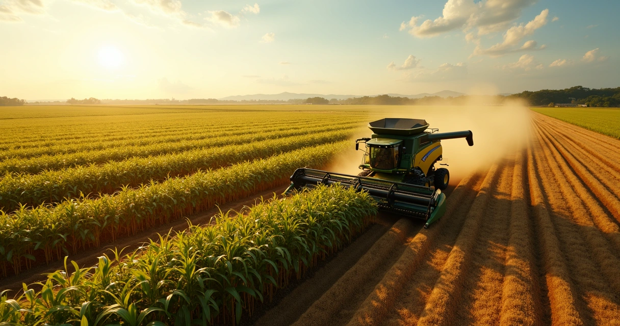 Combine harvesting soybeans in vast Brazilian field at golden hour 