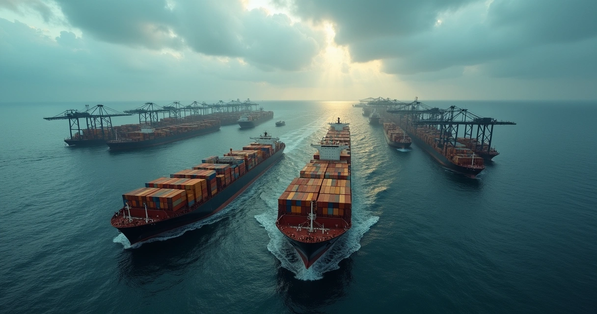 Cargo ships loaded with soybeans departing U.S. ports, changing course to distant shores, while Chinese vessels load at a Brazilian terminal under cloudy skies. 