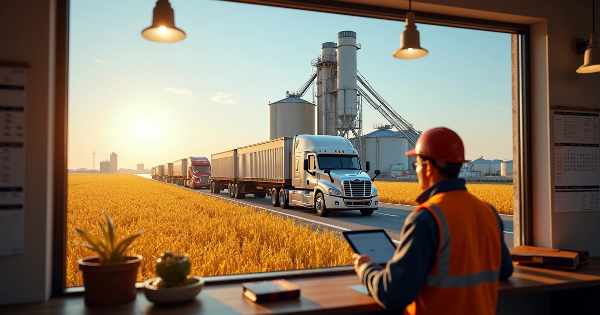 Soybean transport trucks lining up at grain elevator during harvest season 
