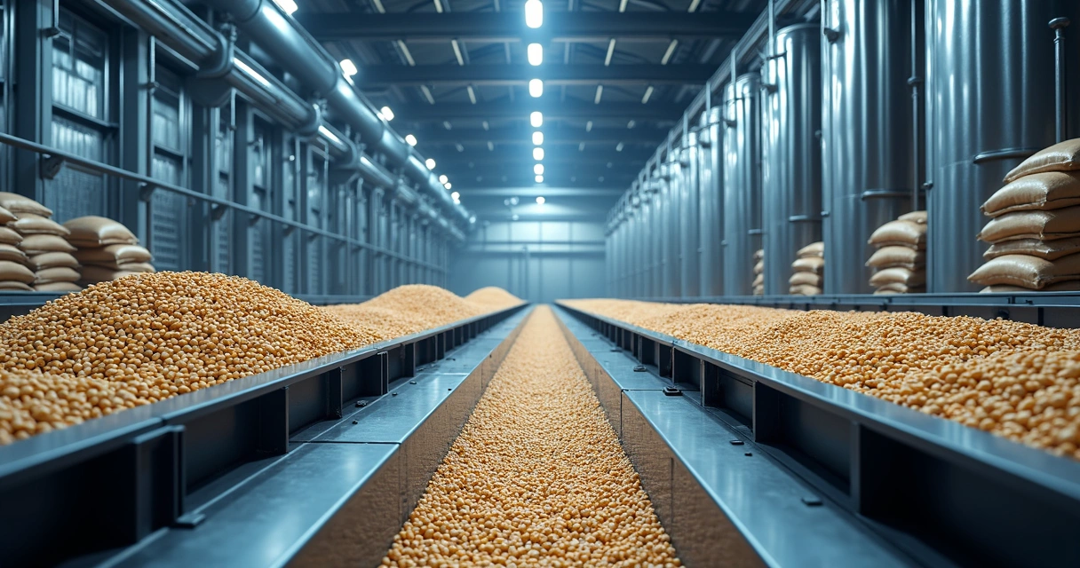 Soybean processing factory with conveyor belts, bulk soybeans, meal, and oil tanks 