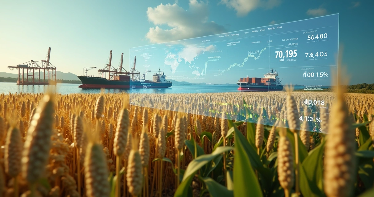 Soybean shipments, harvesting, and a digital dashboard showing commodity risk analysis 