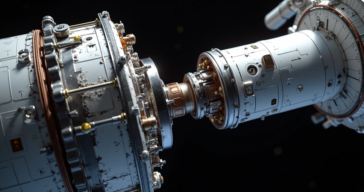 Detalhe do acoplador ASA-G instalado em Soyuz-MS flutuando no espaço 