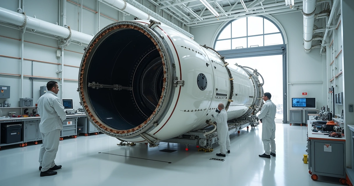 Engenheiros analisando carga útil da Soyuz-MS com novo acoplador ASA-G 