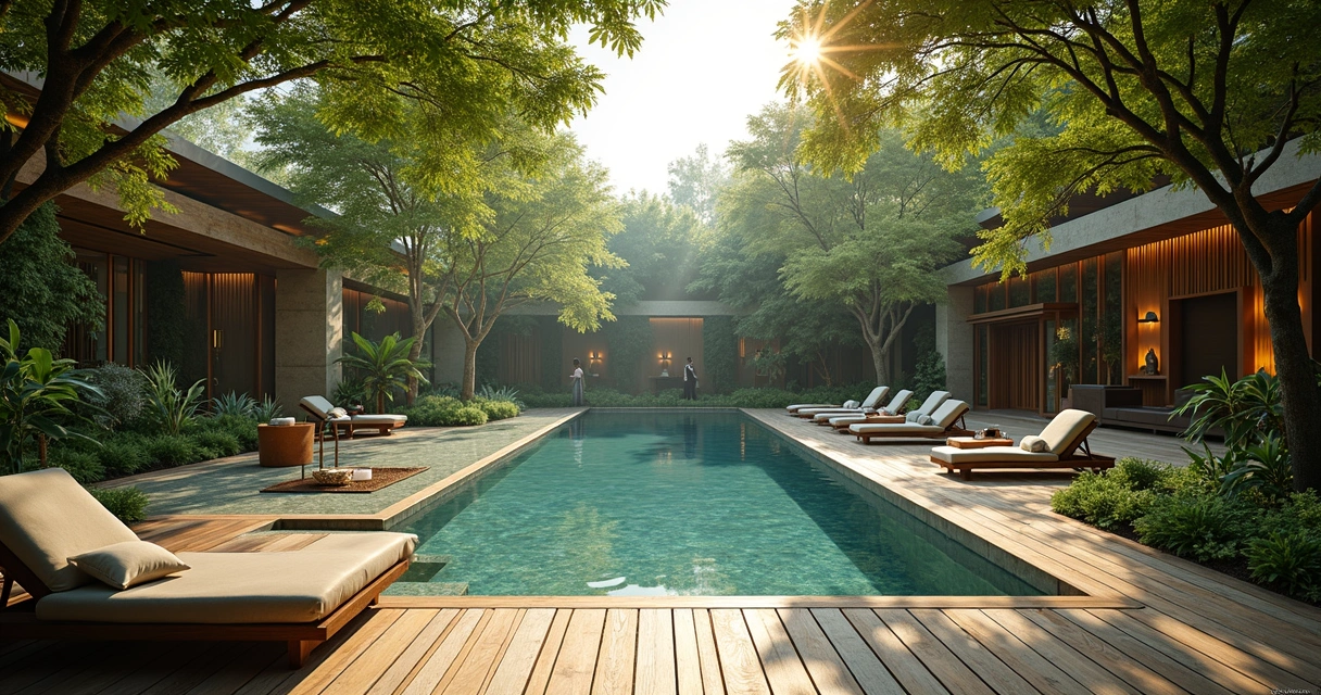 Ambiente de spa ao ar livre, com piscina natural, árvores centenárias e estrutura de luxo integrada à natureza 