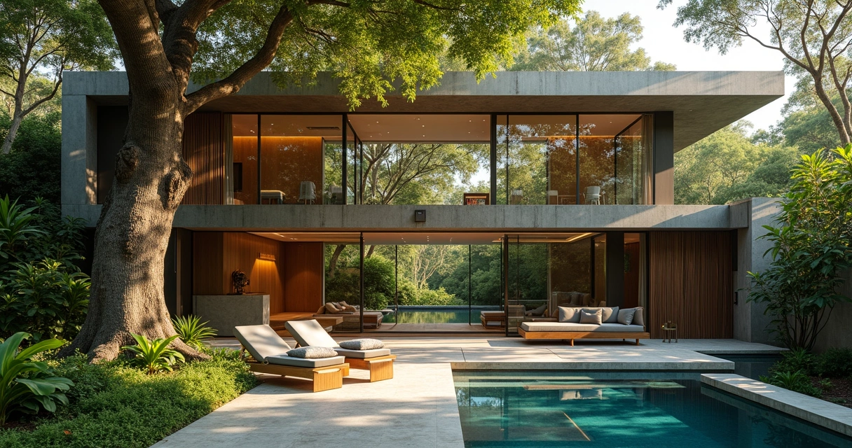 Fachada de spa integrado à natureza com arquitetura moderna, grandes janelas e árvores centenárias 