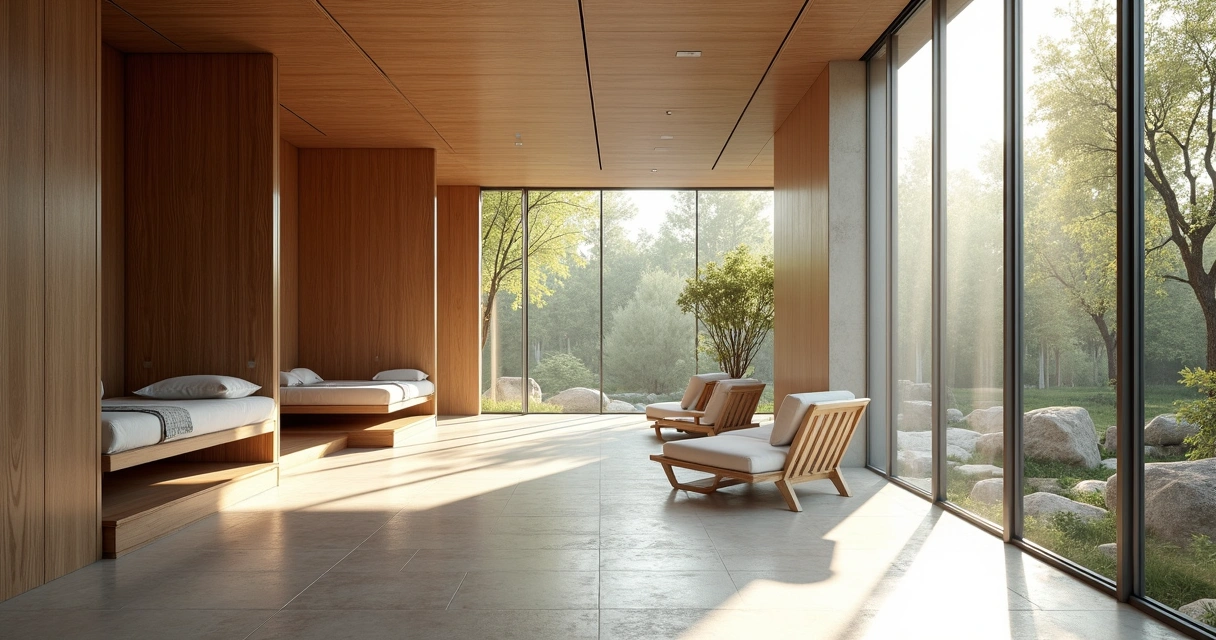 Interior de spa com arquitetura moderna e luz natural filtrando pelas árvores 