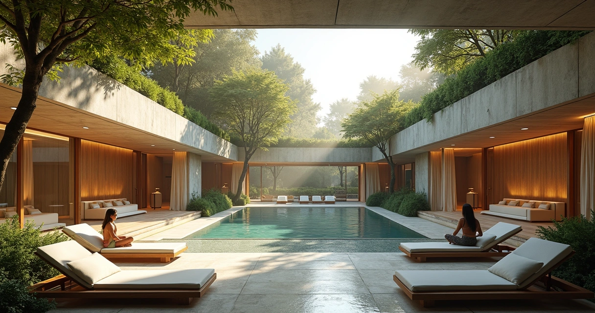 Spa de arquitetura modernista integrado com árvores e áreas verdes.