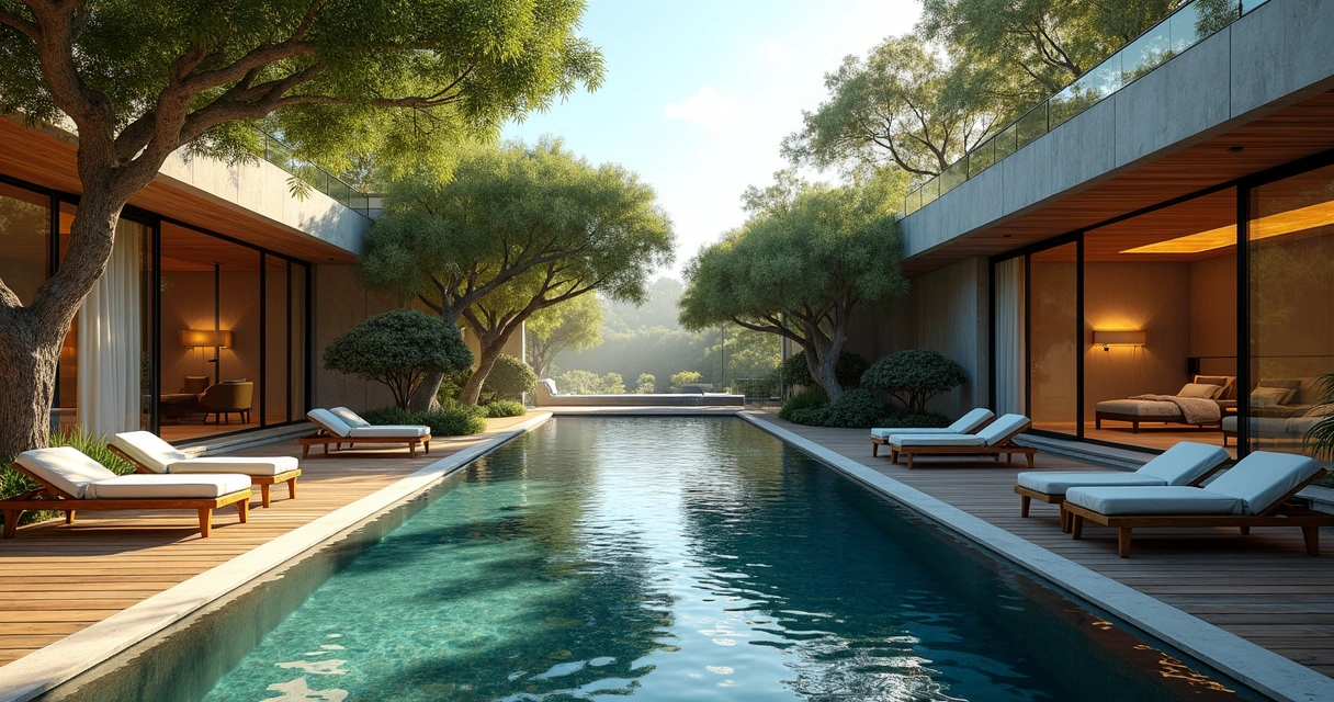 Vista de spa com arquitetura moderna integrada à natureza e piscina natural 