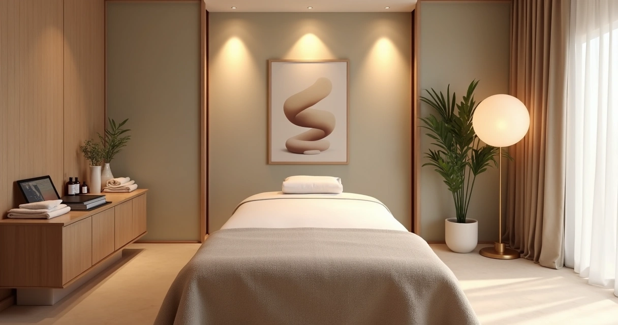 Sala de spa elegante com maca de massagem e clima de bem-estar e segurança 