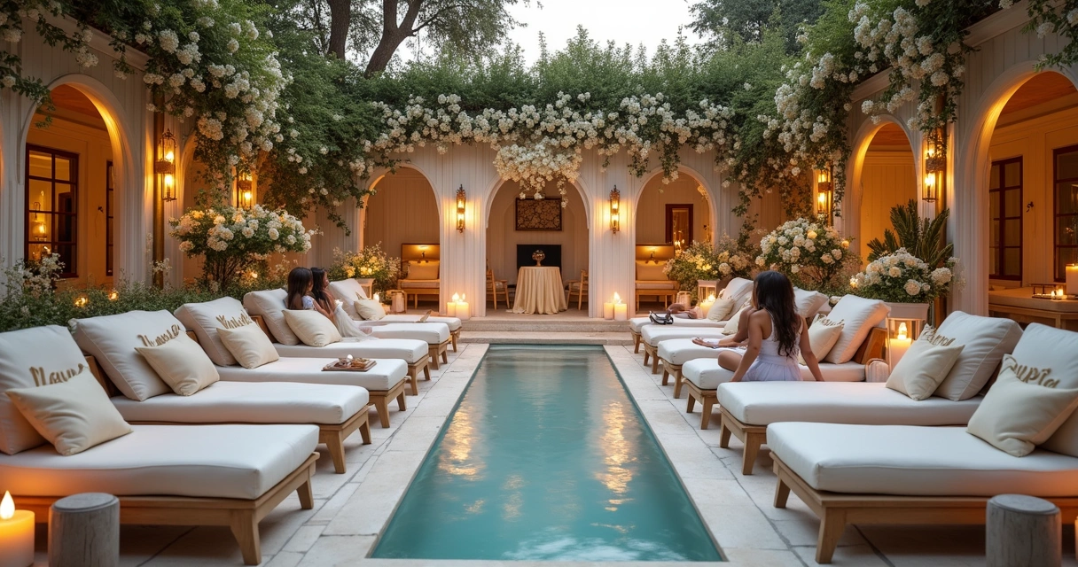 Área exclusiva do spa decorada para evento de noiva e convidados ao ar livre 