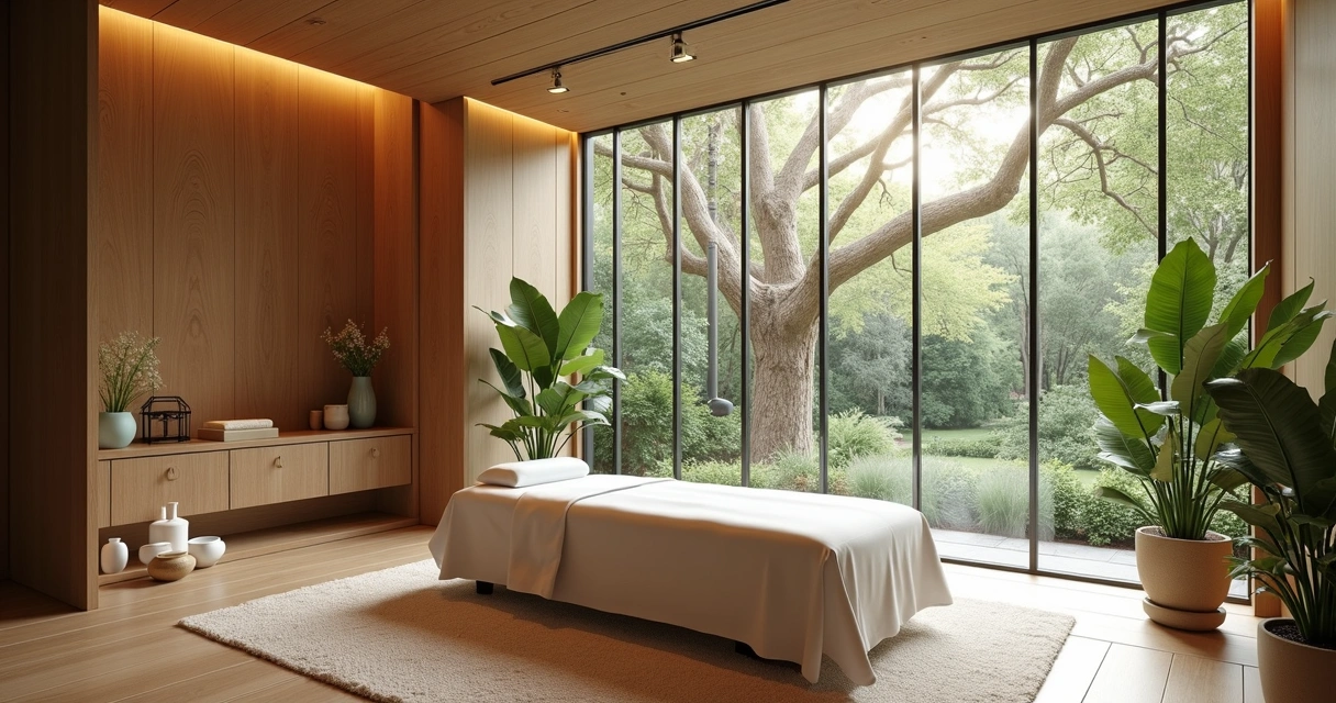 Sala de spa de luxo integrada à natureza com luz suave e árvores ao fundo 